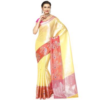 Beige woven Faux kanchipuram silk saree with blouse 1