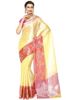 Beige woven Faux kanchipuram silk saree with blouse