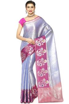 Blue woven Faux kanchipuram silk saree with blouse