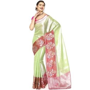 Green woven Faux kanchipuram silk saree with blouse 1