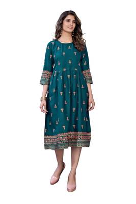Teal Green Rayon Casual Wear Gold Print Kurta 1