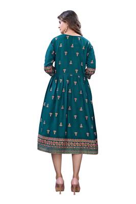 Teal Green Rayon Casual Wear Gold Print Kurta 2