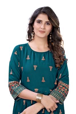 Teal Green Rayon Casual Wear Gold Print Kurta 3