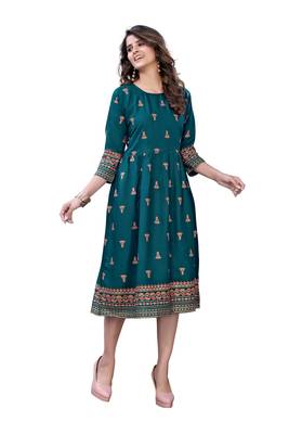 Teal Green Rayon Casual Wear Gold Print Kurta 4