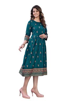 Teal Green Rayon Casual Wear Gold Print Kurta 5