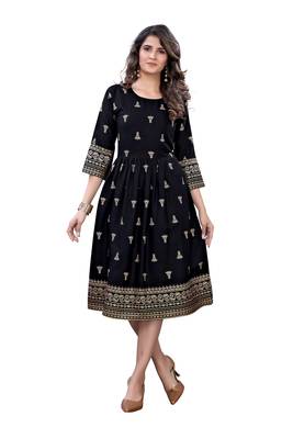 Black Rayon Casual Wear Gold Print Kurta 1