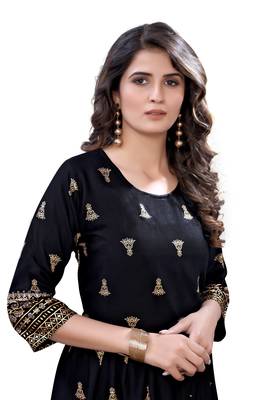 Black Rayon Casual Wear Gold Print Kurta 3