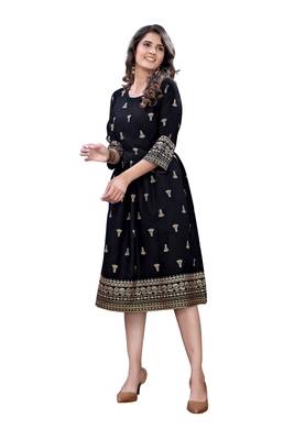 Black Rayon Casual Wear Gold Print Kurta 4
