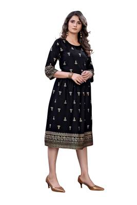 Black Rayon Casual Wear Gold Print Kurta 5