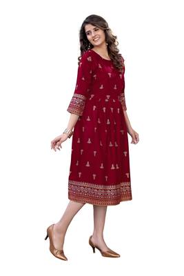 Red Rayon Casual Wear Gold Print Kurta 5
