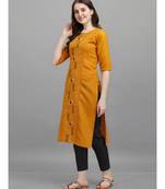 Mustard color Embroidered Cotton Slub Kurta
