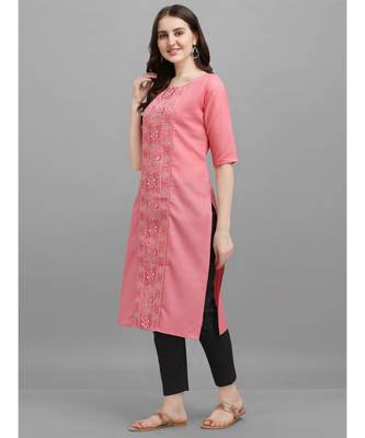Light pink color Embroidered Cotton Slub Kurta 1
