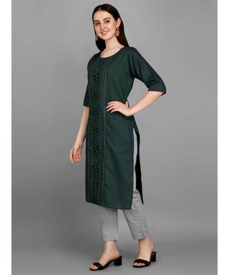Dark green color Embroidered Cotton Slub Kurta 1