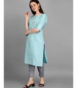 Light green color Embroidered Cotton Slub Kurta