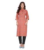Peach Slub Cotton Casual Wear Abstract Print Kurta