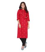 Red Slub Cotton Casual Wear Abstract Print Kurta