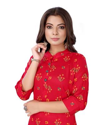 Red Slub Cotton Casual Wear Abstract Print Kurta 2