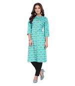 Sky Blue Slub Cotton Casual Wear Abstract Print Kurta