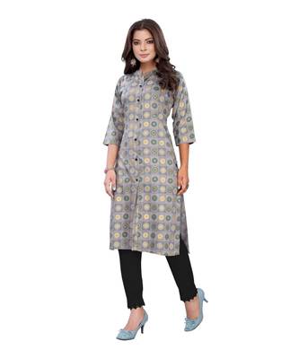 Grey Slub Cotton Casual Wear Abstract Print Kurta 1
