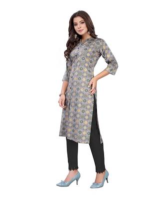 Grey Slub Cotton Casual Wear Abstract Print Kurta 4