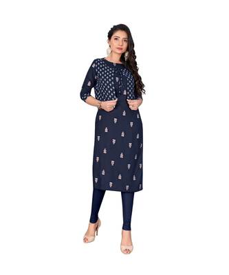 Navy Blue Color Slub Cotton Floral Print Kurta With Jacket 1