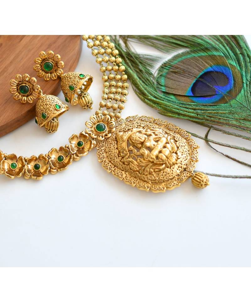 Divine Antique Green Lakshmi Necklace Set-dj05408