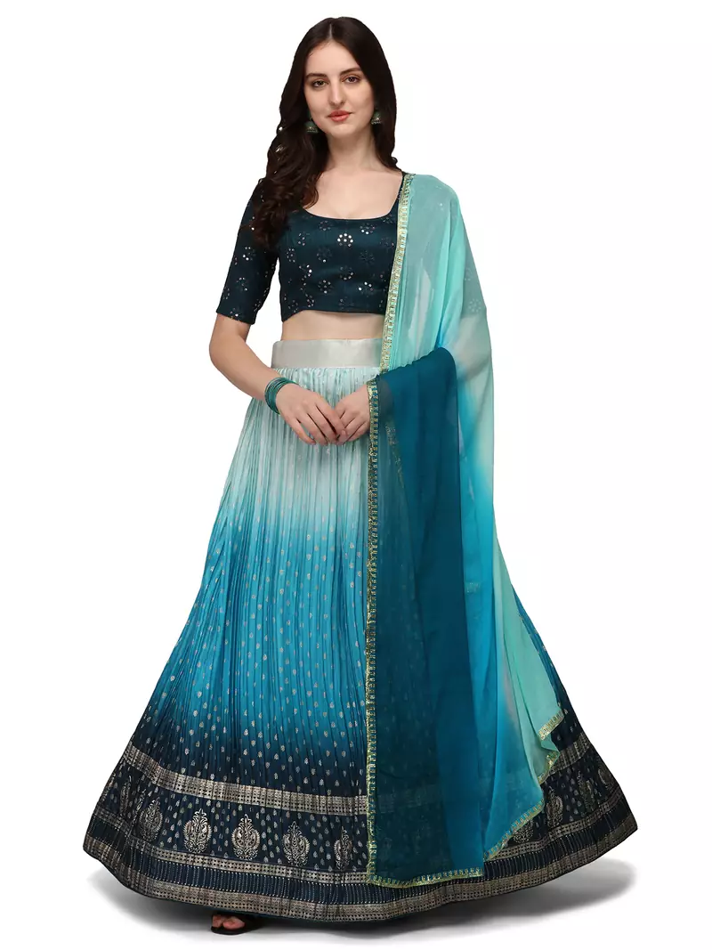 Sky-blue fancy silk semi stitched lehenga