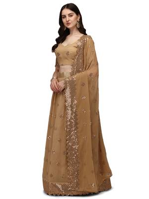 Beige embroidered
 georgette semi stitched lehenga 2