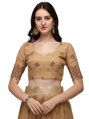 Beige embroidered
 georgette semi stitched lehenga 4