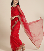 Red Sequins Embroidered Traditional Net Saree with Plain Net Blouse