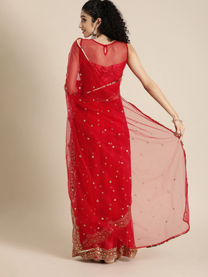 Red Sequins Embroidered Traditional Net Saree with Plain Net Blouse 2
