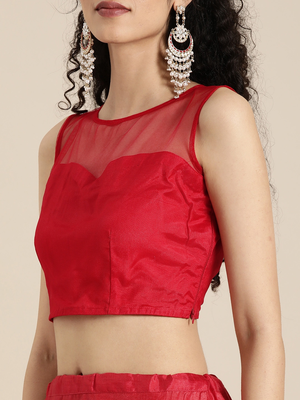 Red Sequins Embroidered Traditional Net Saree with Plain Net Blouse 3