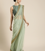 Olive green solid net saree with Embroidered border Saree