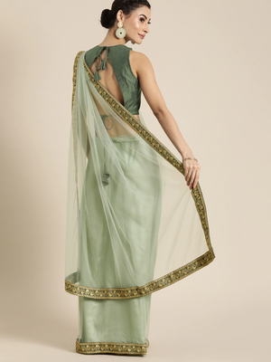Olive green solid net saree with Embroidered border Saree 2