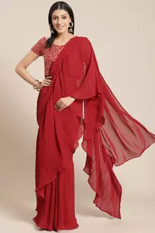 Inddus Maroon Solid Poly Georgette Ruffled Saree