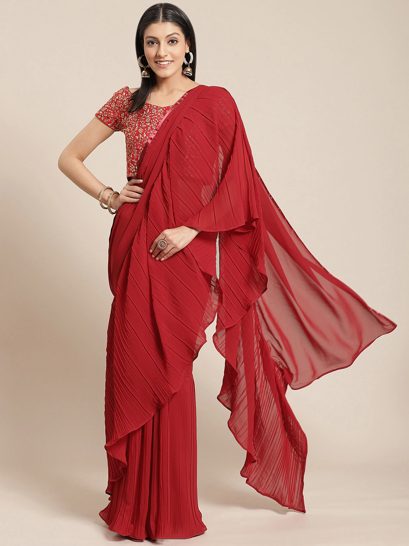 Inddus Maroon Solid Poly Georgette Ruffled Saree