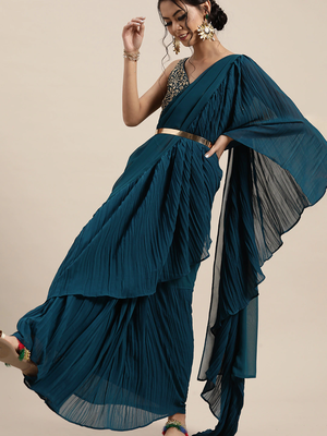 Inddus Teal Blue Solid Poly Georgette Ruffled Saree 1