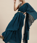 Inddus Teal Blue Solid Poly Georgette Ruffled Saree