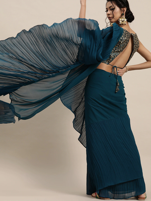 Inddus Teal Blue Solid Poly Georgette Ruffled Saree 2