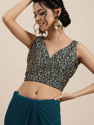Inddus Teal Blue Solid Poly Georgette Ruffled Saree 3