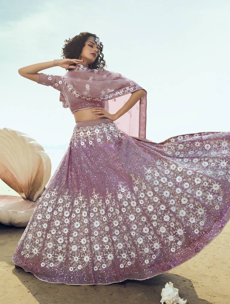 Lilac thread embroidery net semi stitched lehenga MESMORE 3799763