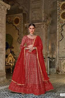 Red embroidered georgette lehenga