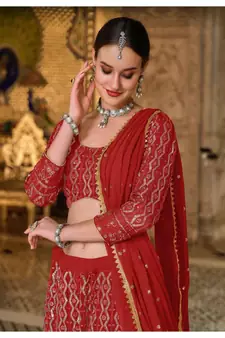 Red embroidered georgette lehenga