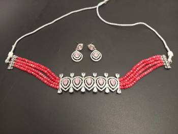 Pink American Diamond Choker Designer Jewellery Necklace with Onyx Beading for Women 1