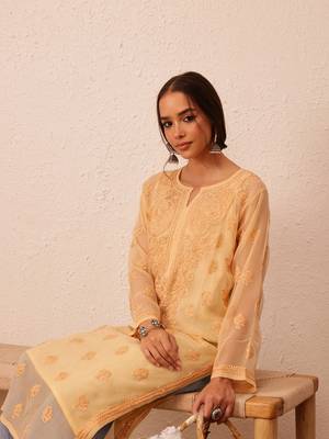 Hand Embroidered Fawn Georgette Lucknowi Chikankari Indian Women Kurta With Slip 5