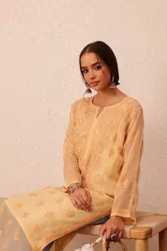 Hand Embroidered Fawn Georgette Lucknowi Chikankari Indian Women Kurta With Slip
