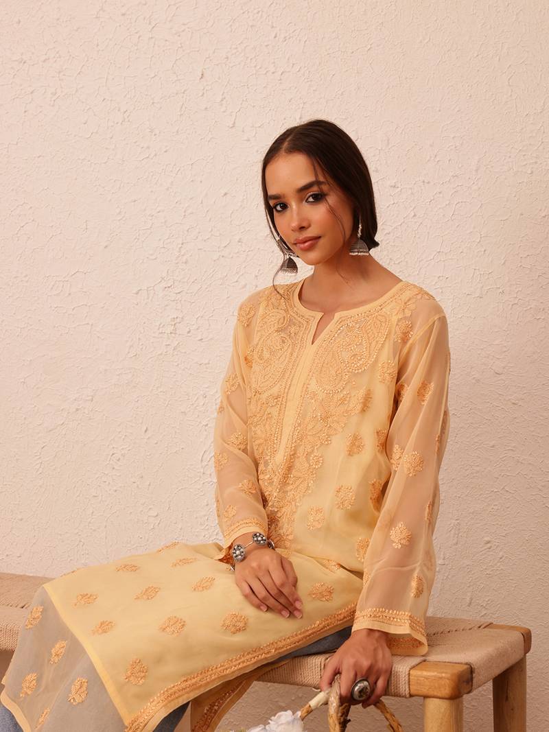 Hand Embroidered Fawn Georgette Lucknowi Chikankari Indian Women Kurta With Slip