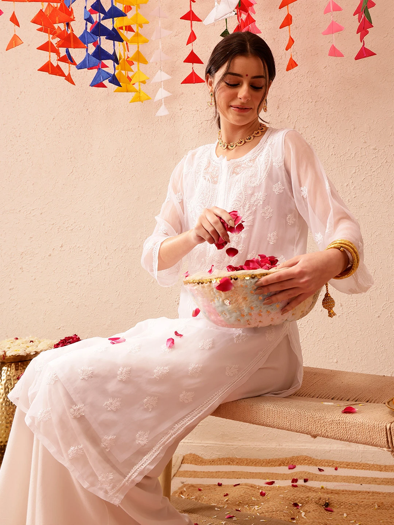 Hand Embroidered White Georgette Lucknowi Chikankari Indian Women Kurta With Slip