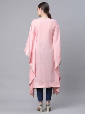 Ahalyaa Women Light Pink Cotton Printed Flared Sleeve Kaftan Kurta 2