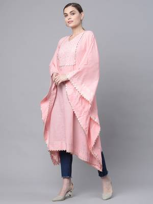 Ahalyaa Women Light Pink Cotton Printed Flared Sleeve Kaftan Kurta 1